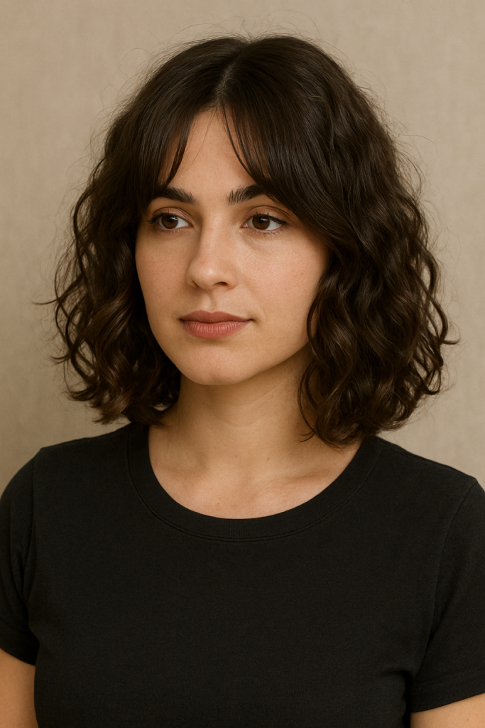 Curly Lob with Long Curtain Bangs